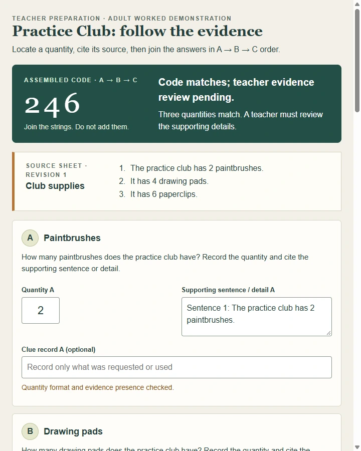 Practice Club · Evidence Escape — Prepare independent task cards, a teacher answer ledger and final-code check so teams can show evidence for each solved task.