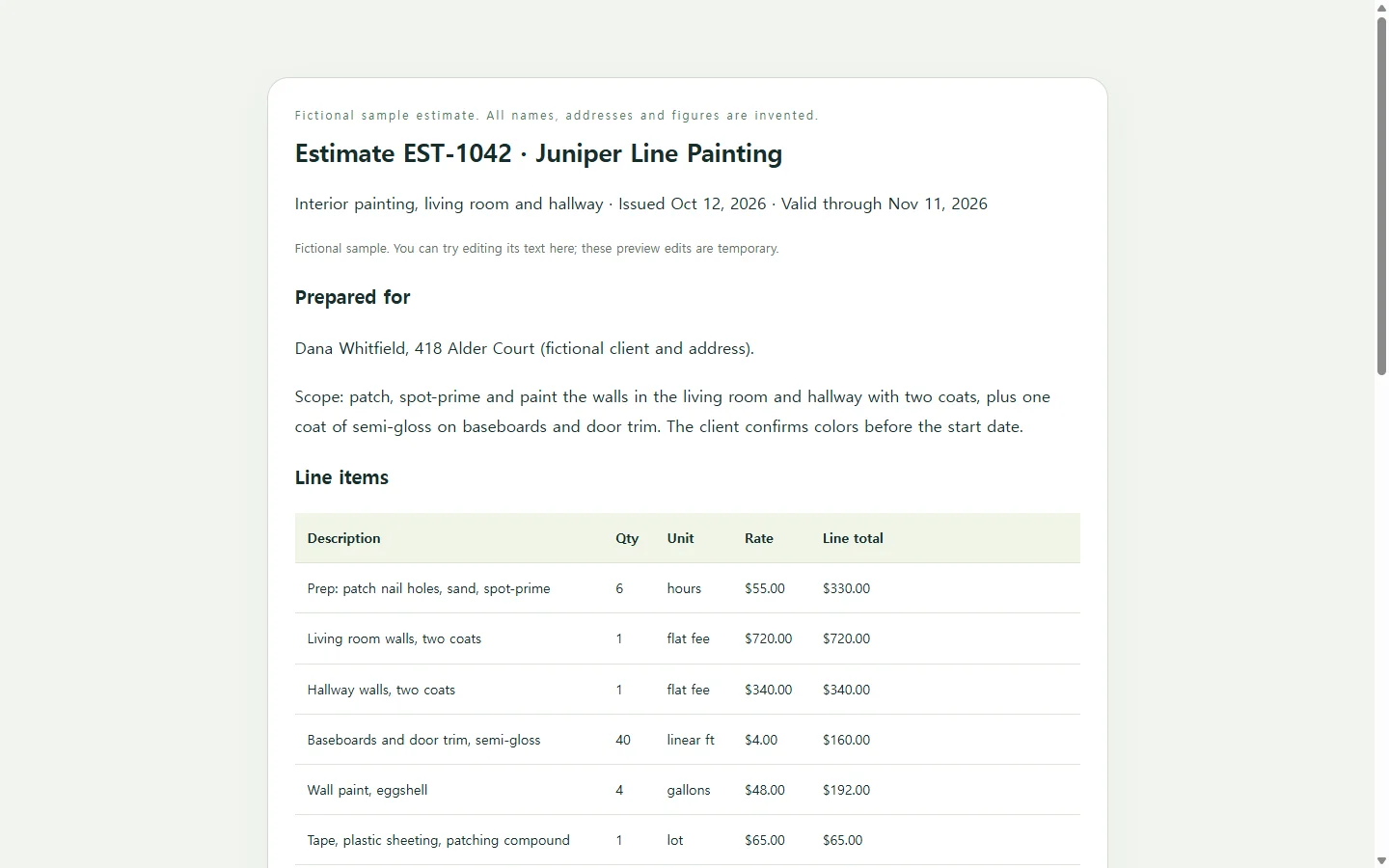 Estimate EST-1042 · Juniper Line Painting — fictional sample