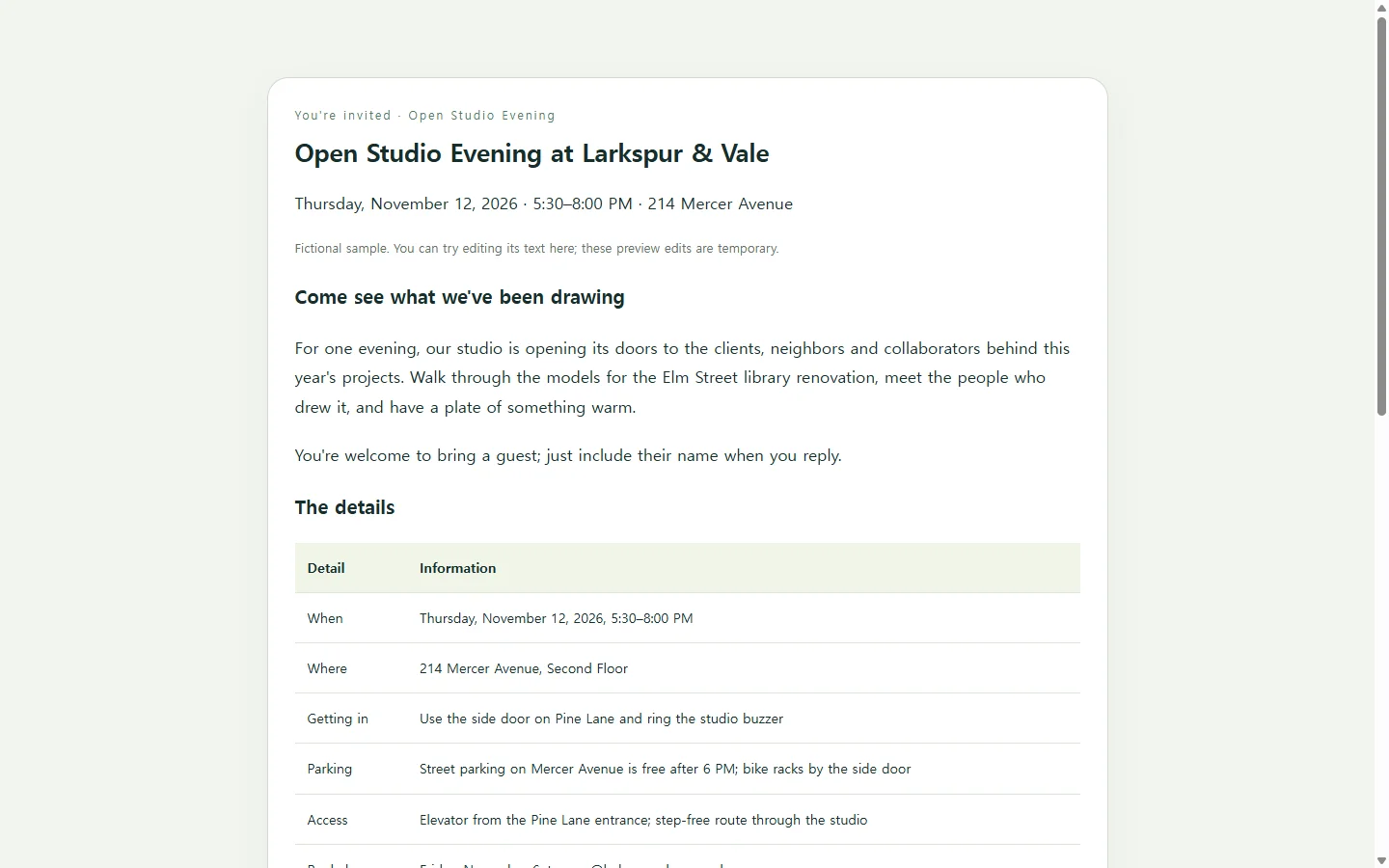 Open Studio Evening at Larkspur & Vale — fictional sample