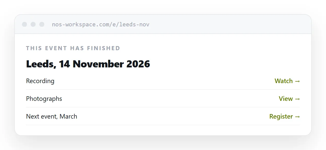 A past event page marked as finished, linking to the recording and the next event.