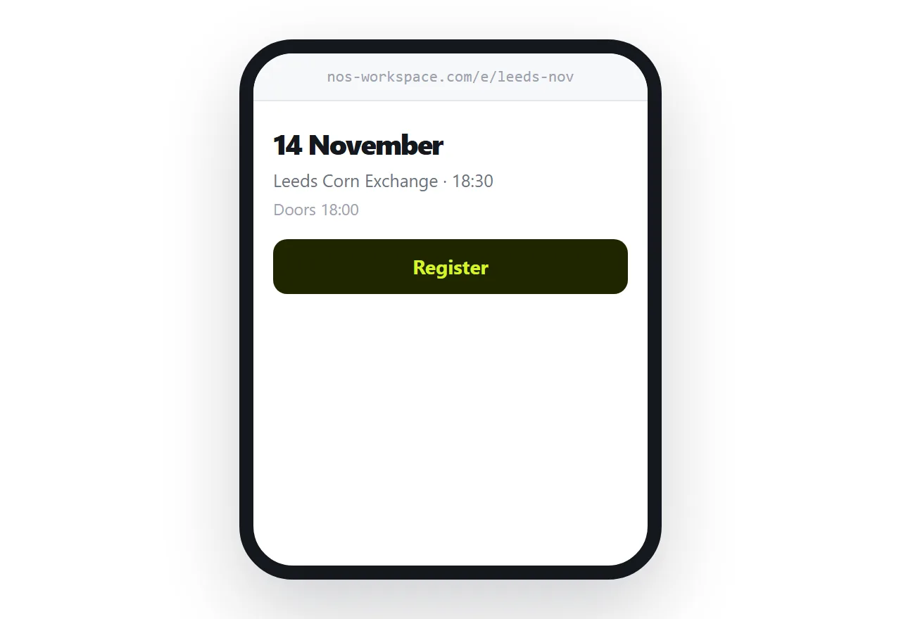 An event page on a phone with date, location and a register button visible without scrolling.