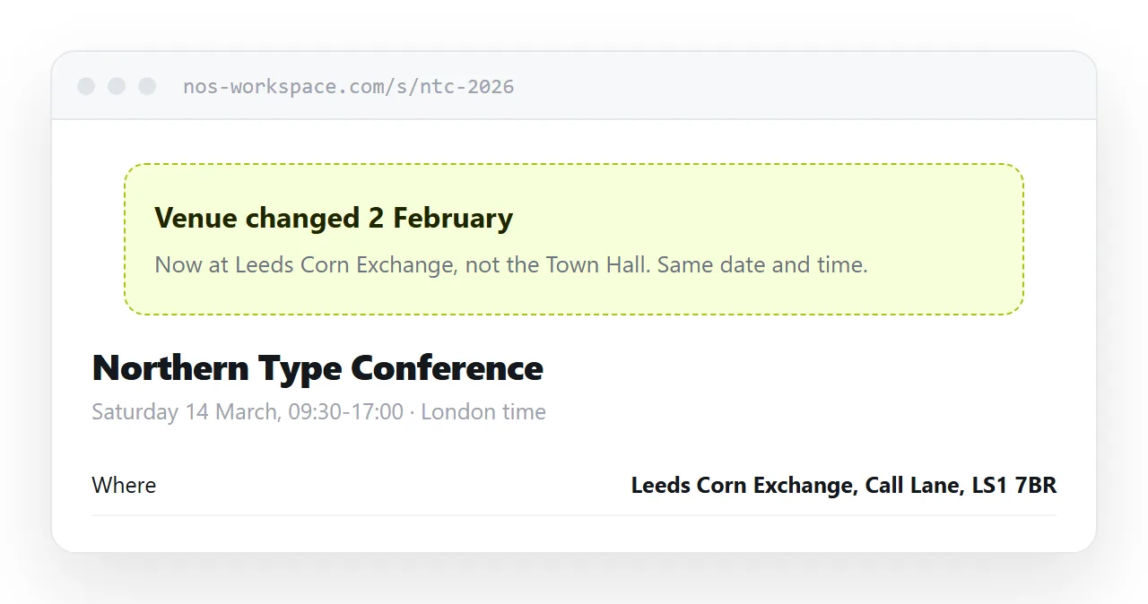 The same page with a dated notice at the top saying the venue has moved.