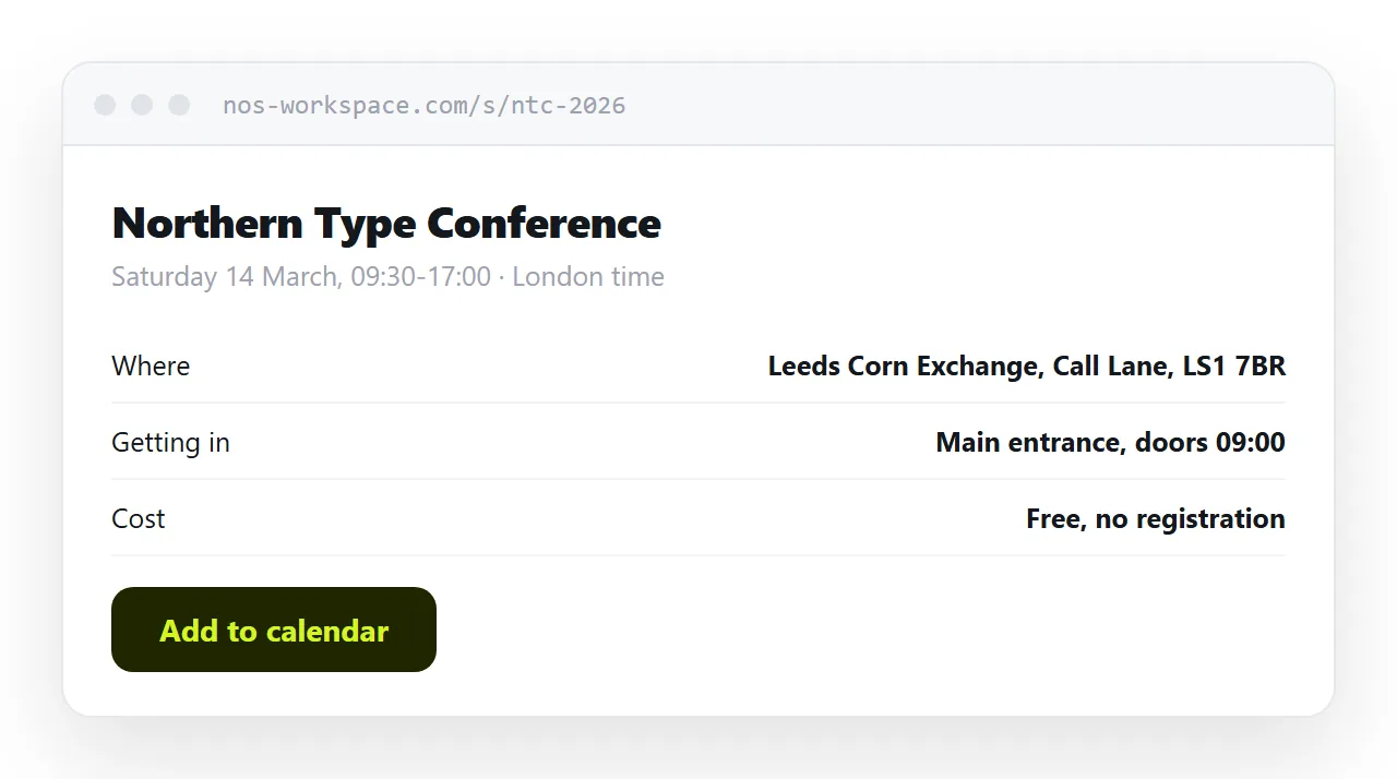 An event page. Title, date with time zone, venue address, and an add-to-calendar download.