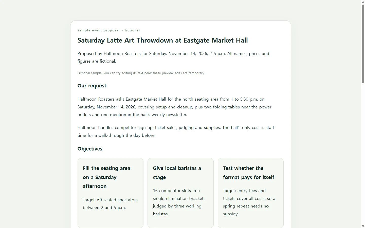 Saturday Latte Art Throwdown at Eastgate Market Hall — fictional sample