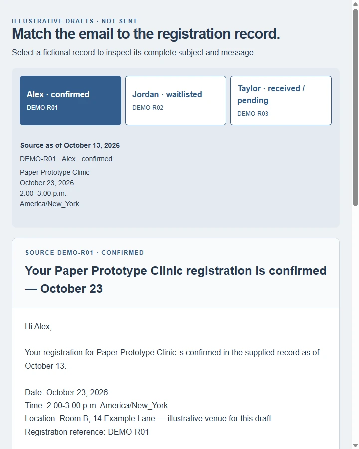Paper Prototype Clinic · Registration Drafts — Write a registration-status message that matches the actual source status and gives confirmed arrival details without falsely confirming a…