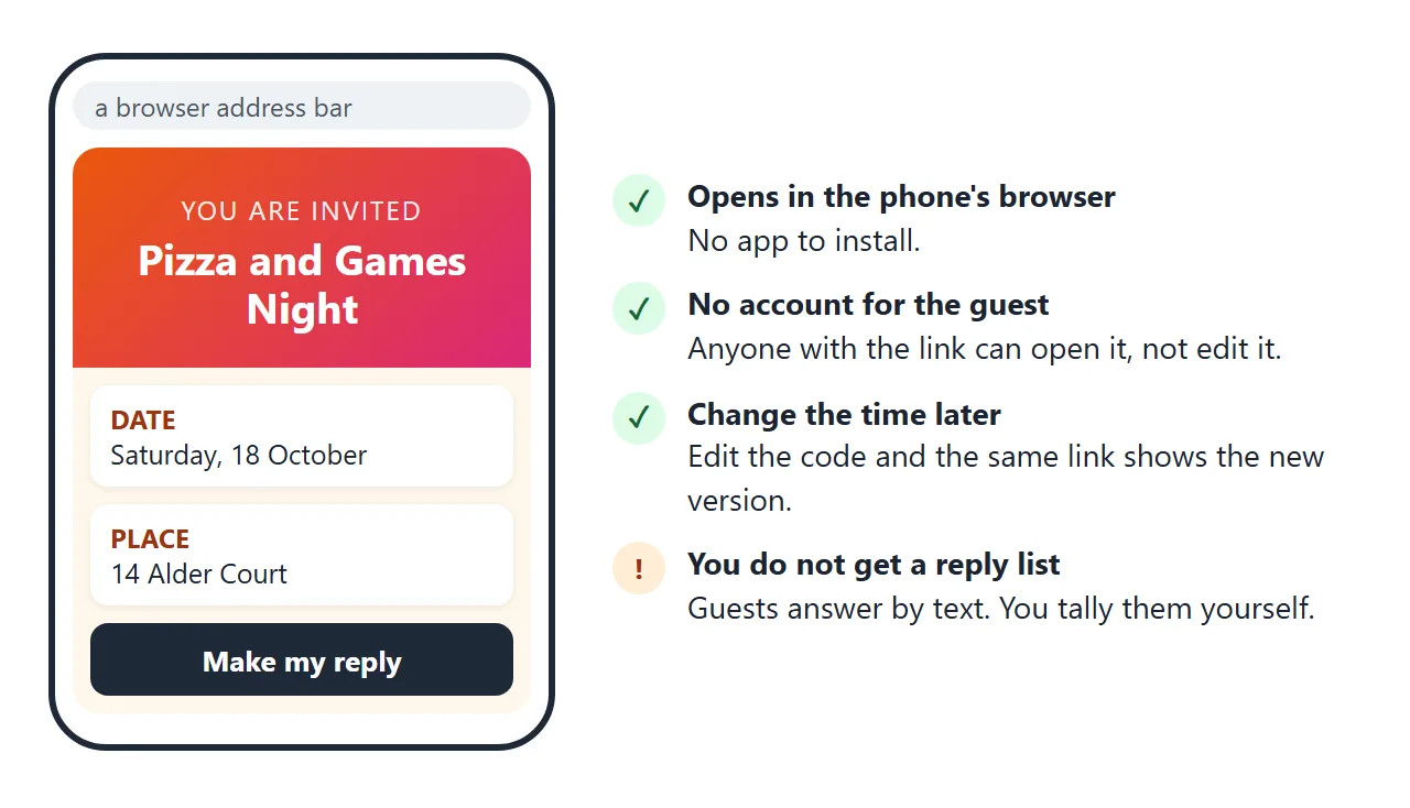 What a guest sees: the page in the phone's browser. They can open it, not edit it.