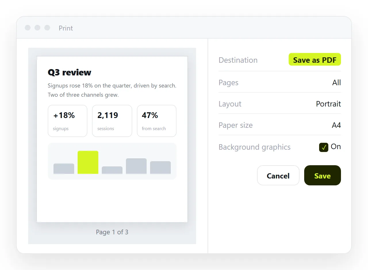 The browser print dialog with Save as PDF selected as the destination and the preview pane showing page one.