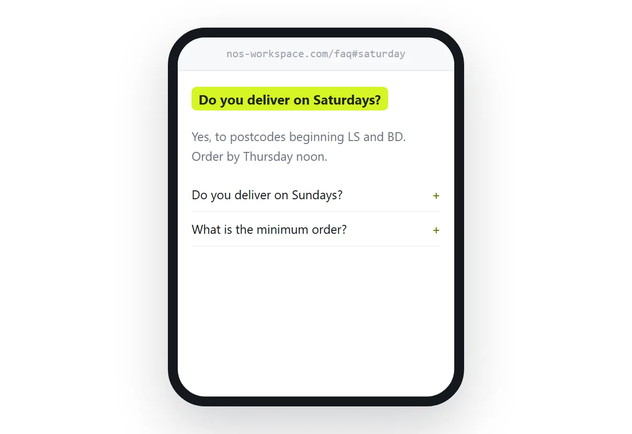An FAQ page with one question opened directly from a link, scrolled to that answer.