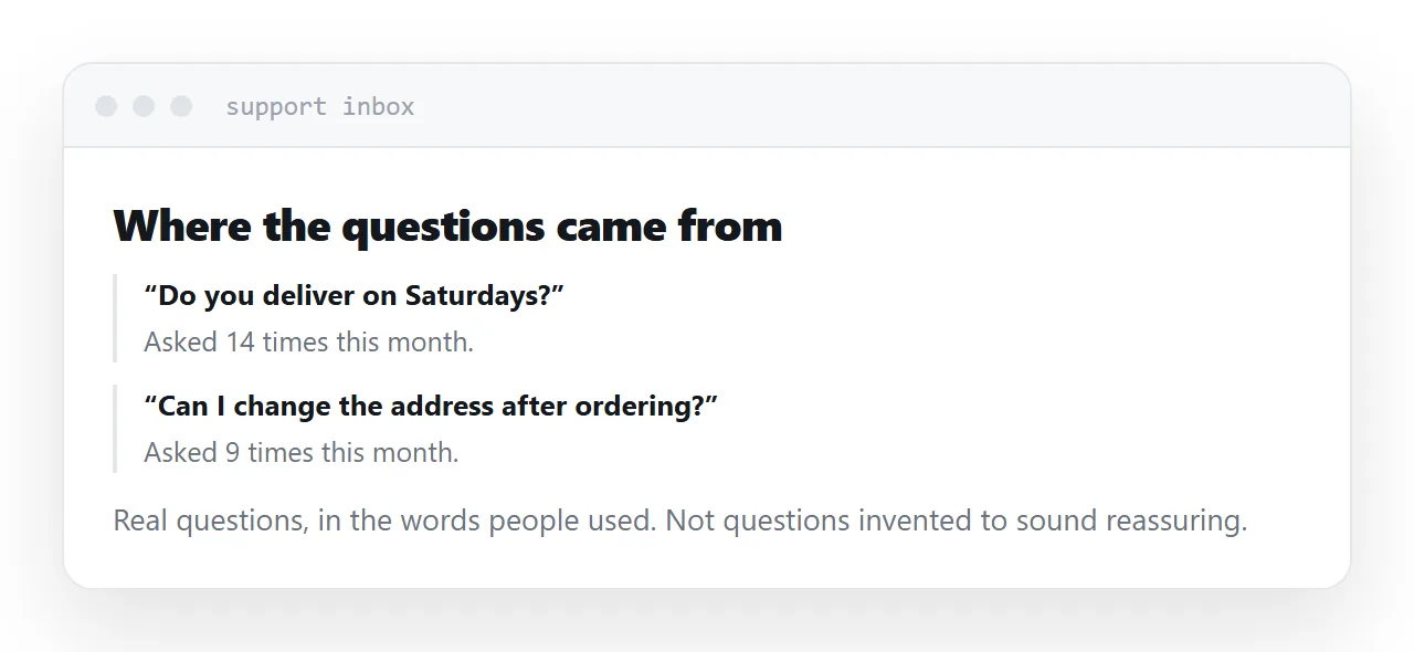 Support messages beside the FAQ entry each one produced.