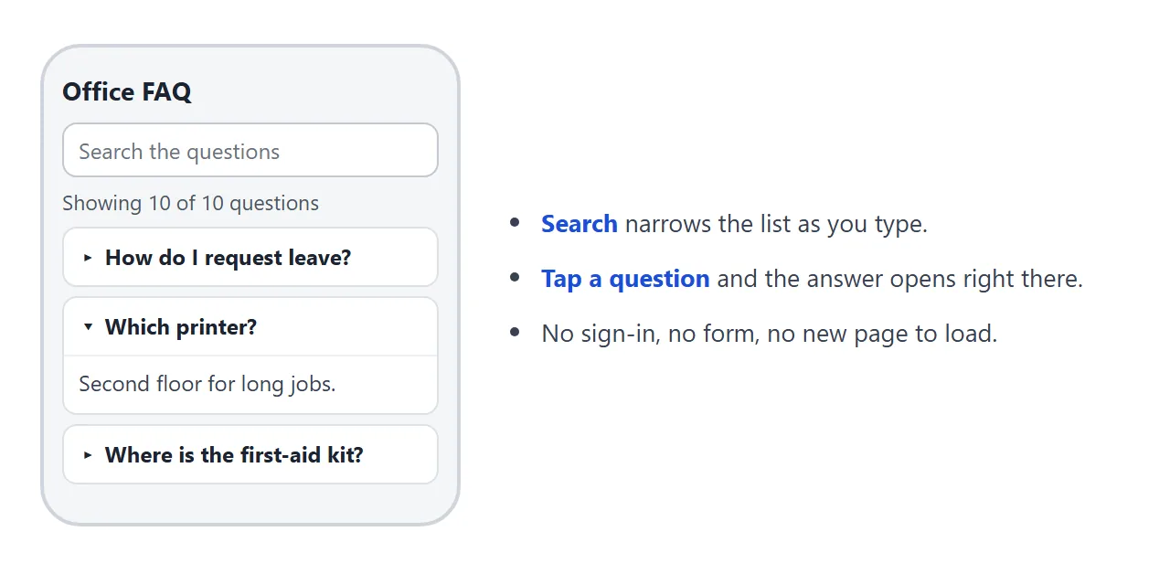 What a reader sees on a phone: a search box, a count, and questions that open in place.