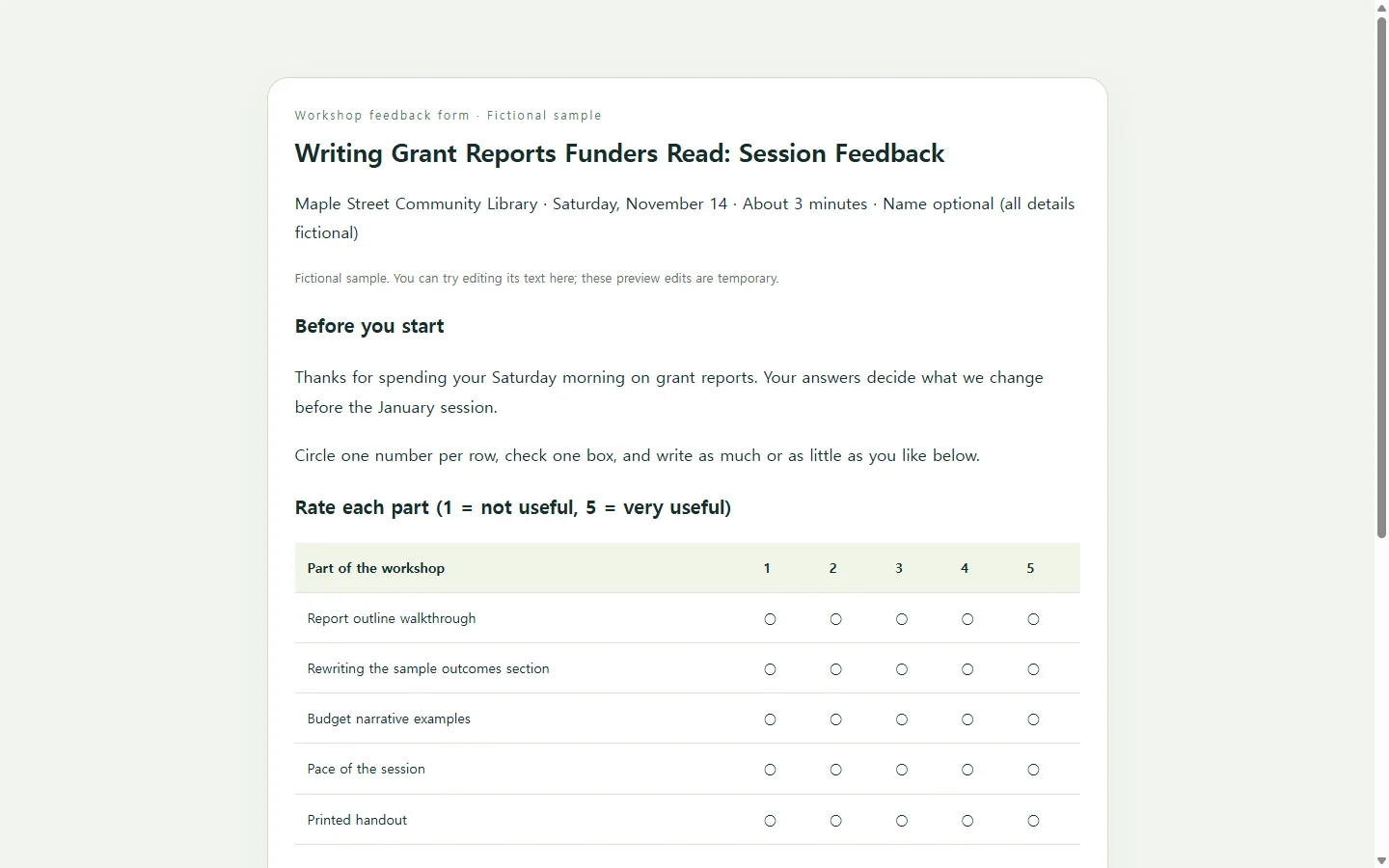 Writing Grant Reports Funders Read: Session Feedback — fictional sample