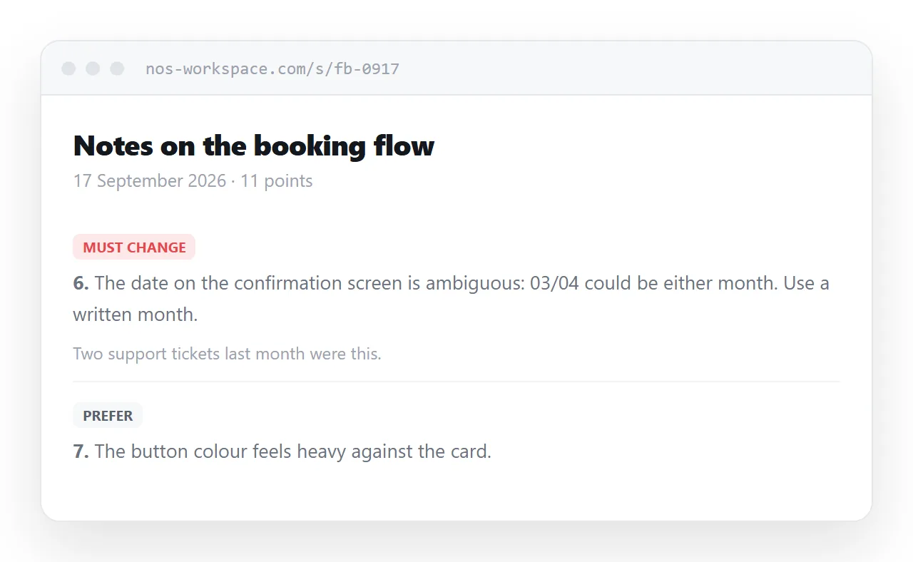 A feedback page in a browser. Numbered points, each with a priority label and a short reason.