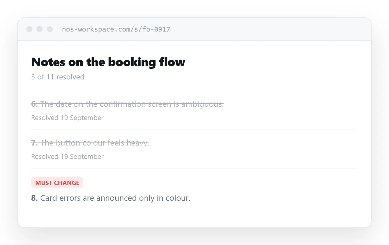 The same page later. Three points marked resolved with dates, two still outstanding.