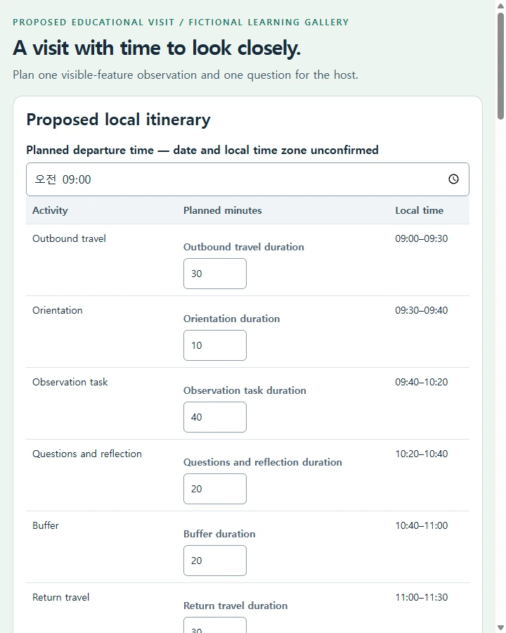Field trip • Learning Gallery planning brief — Build a purpose-linked visit brief with travel/activity timing, distinct permission and headcount checkpoints, responsible roles and…