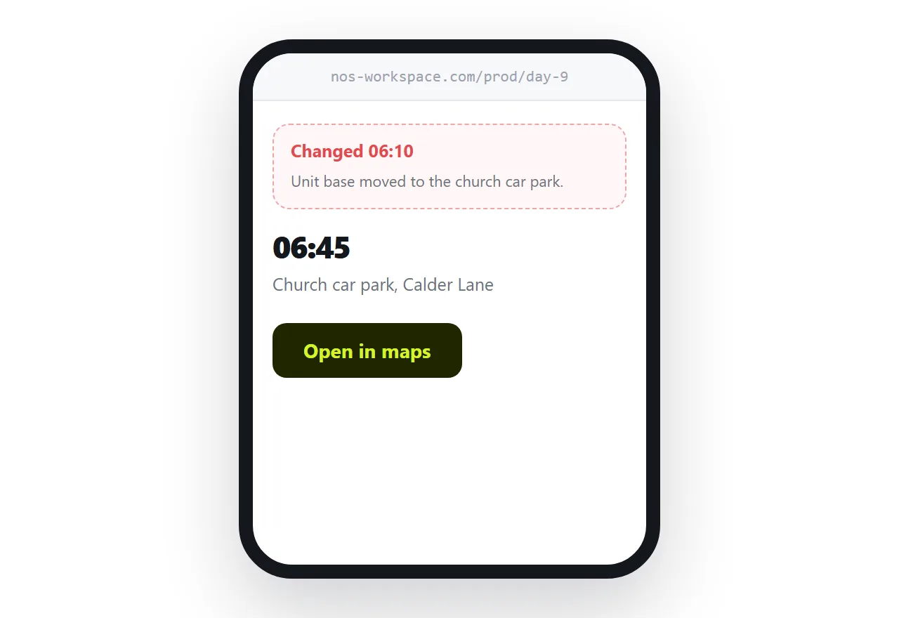 A call sheet on a phone showing call time and location at the top, with a change note dated.