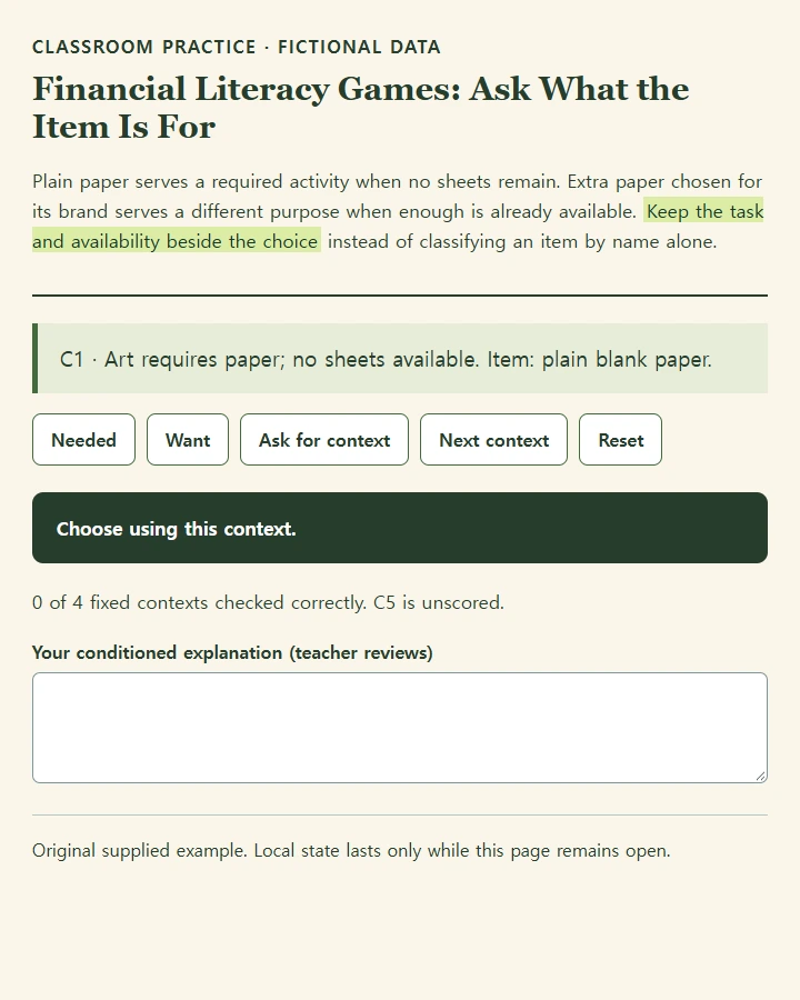 Financial Literacy Games: Ask What the Item Is For