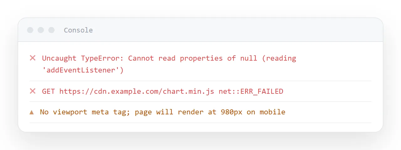 To fix HTML code, open the console and read the first error only. Everything after it is a consequence.