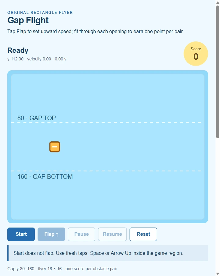Gap Flight — Coordinate airborne impulses, obstacle gaps and one-time crossing scores with collision-first termination.