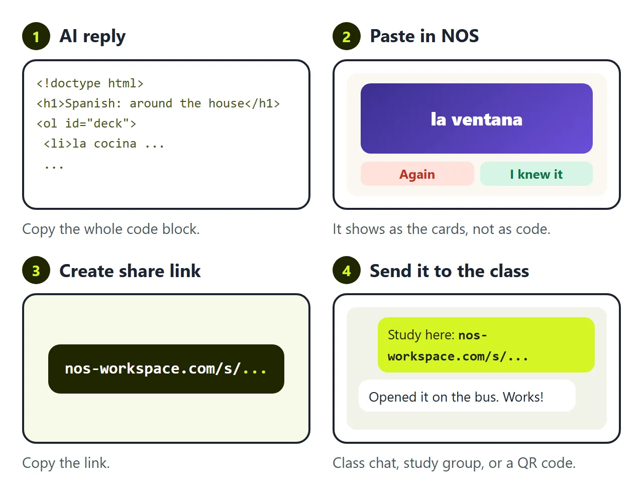 AI reply, pasted into NOS, share link, class chat. The cards open on a phone without anyone downloading a file.