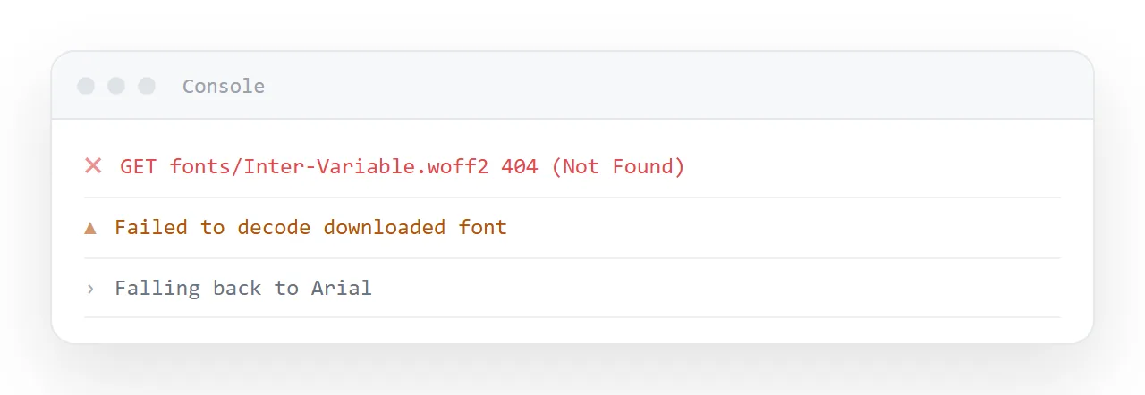 The console names the cause. A 404 means the font file did not come with the page.
