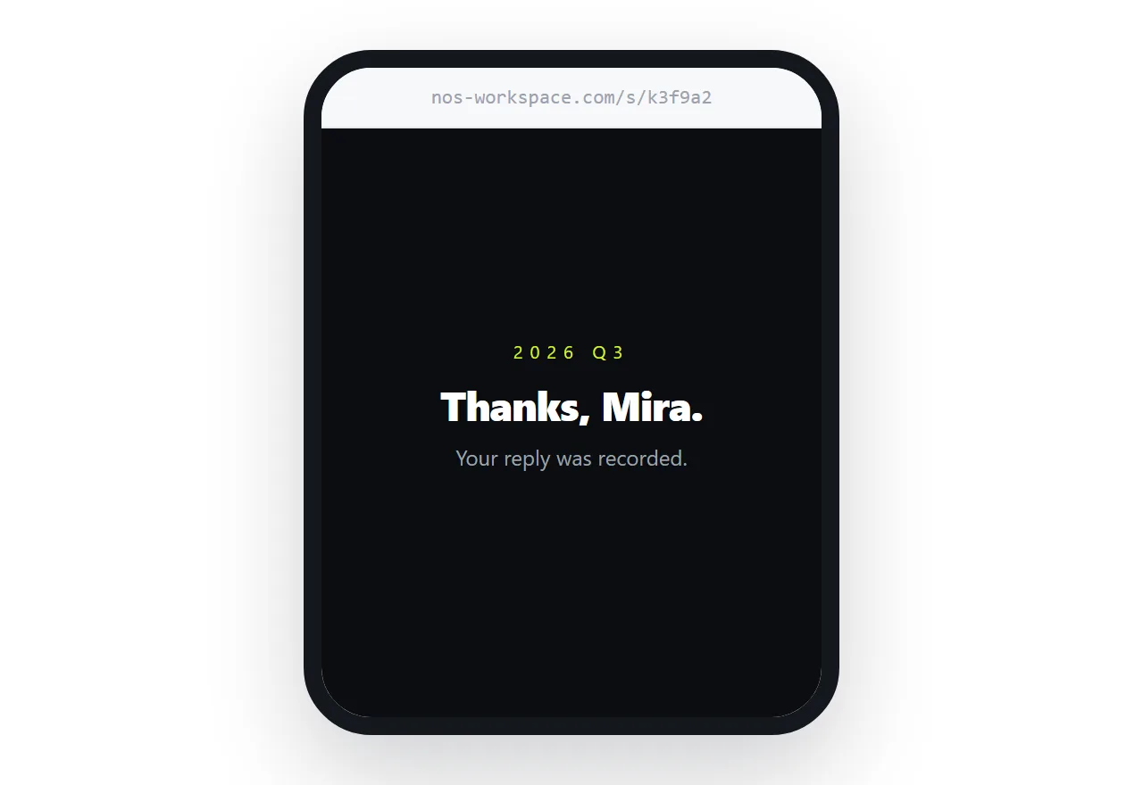 What the reader sees after Send: a thank-you on the same page, not a reload with the answers gone.