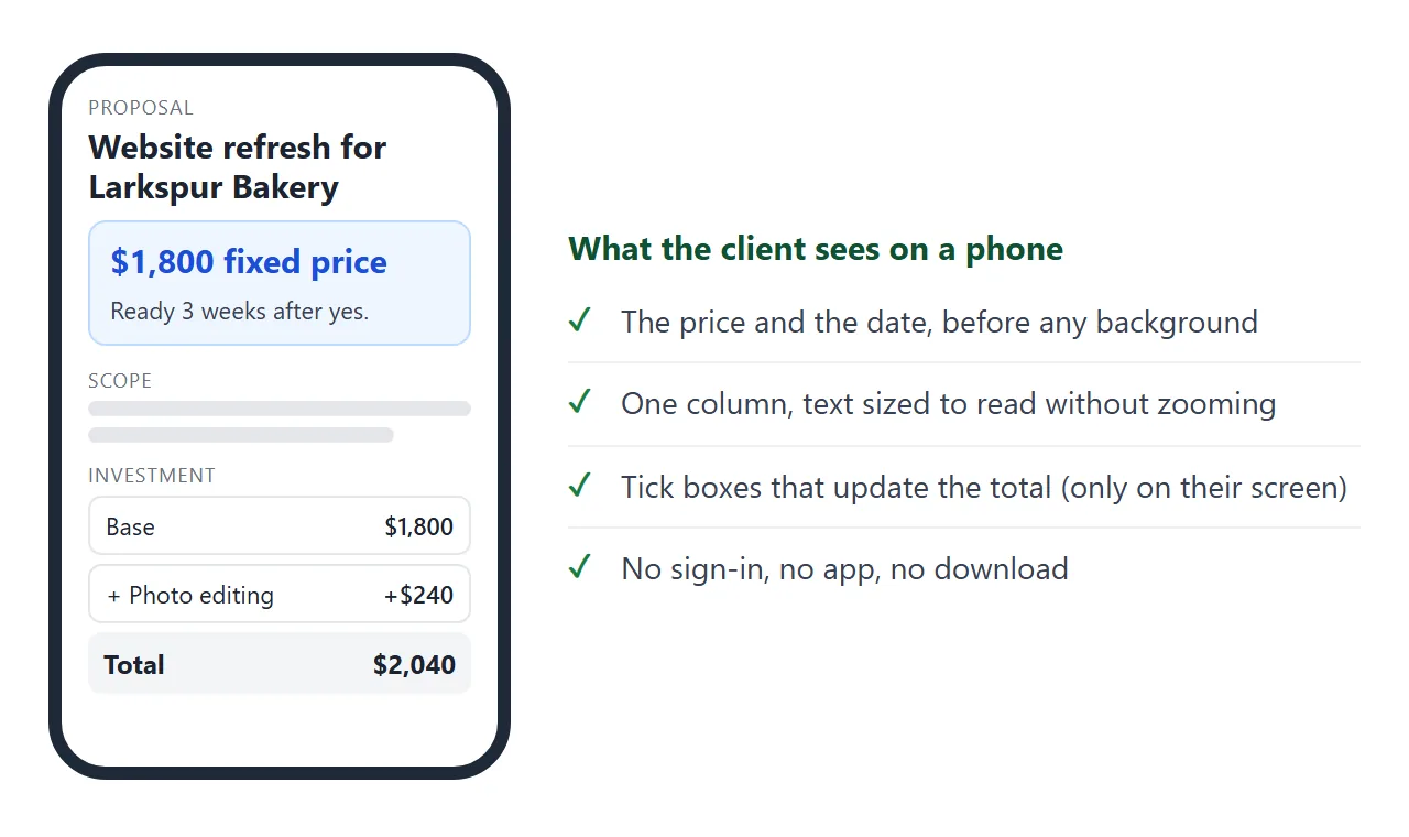 What the client sees on a phone: price and date first, then the rest in one column.