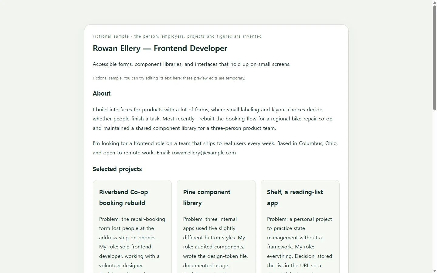 Rowan Ellery — Frontend Developer — fictional sample