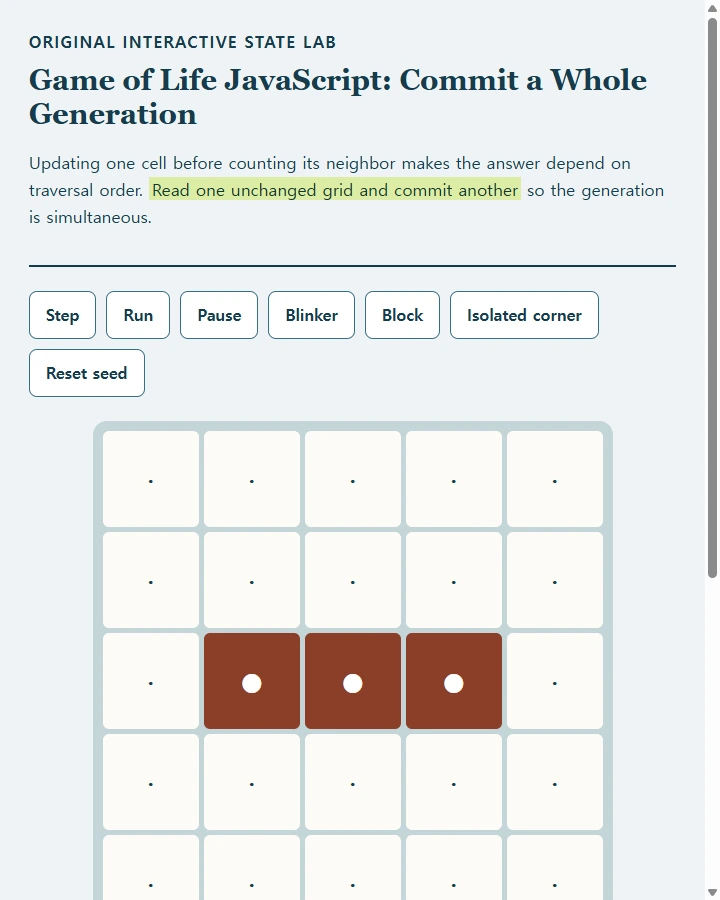 Game of Life JavaScript: Commit a Whole Generation