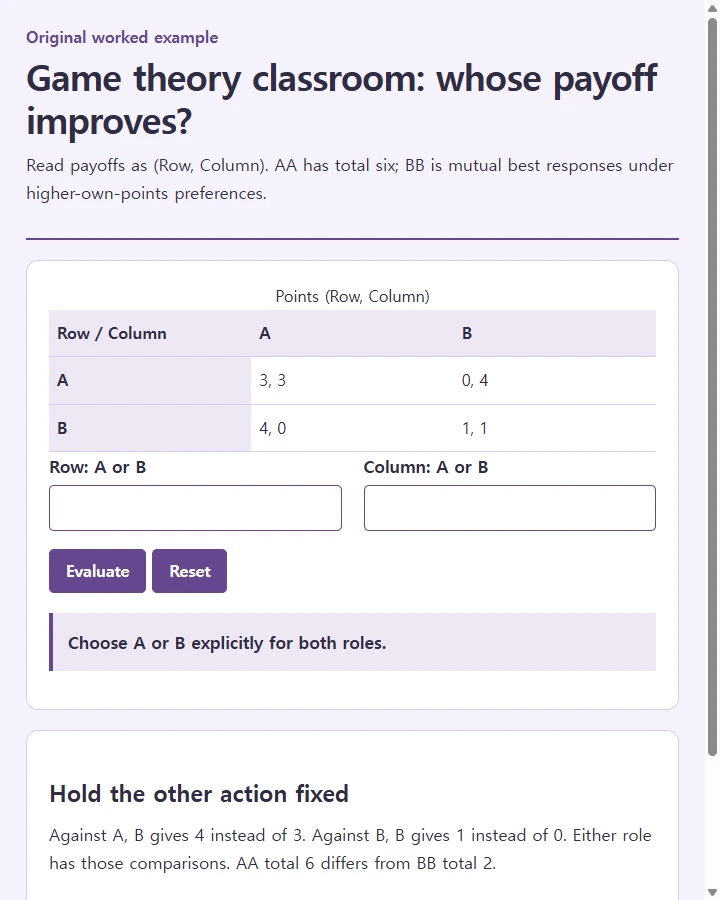 Game theory classroom: whose payoff improves?