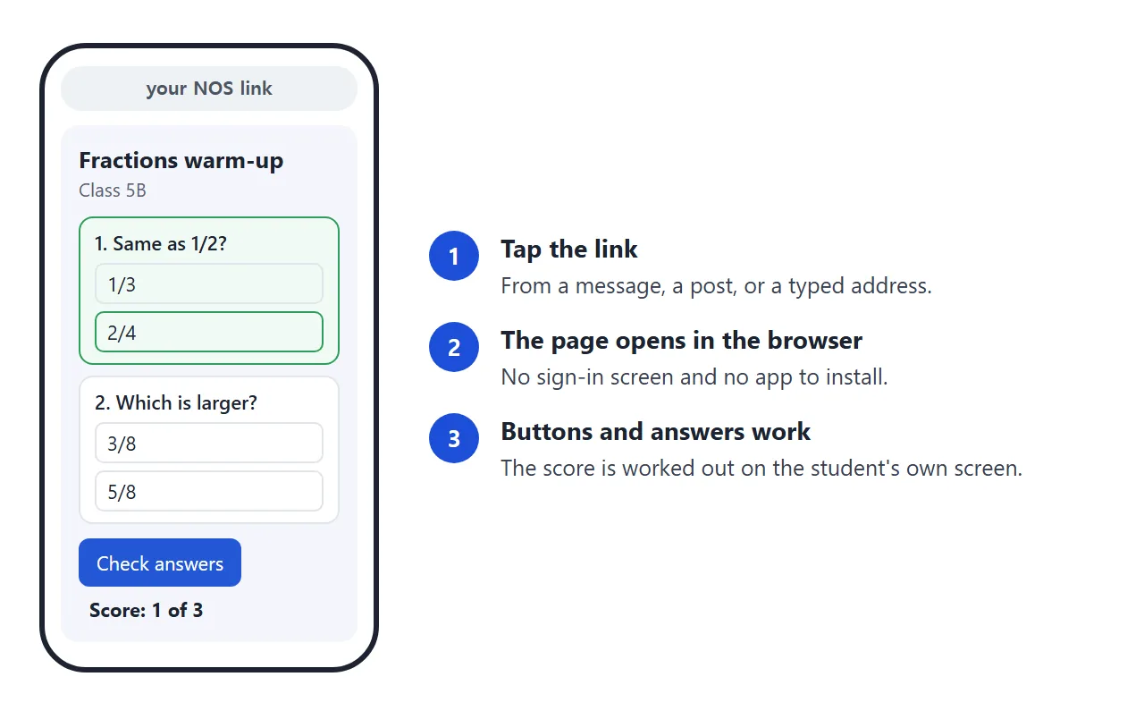 What a student sees on a phone: the link opens the page, and the buttons work.