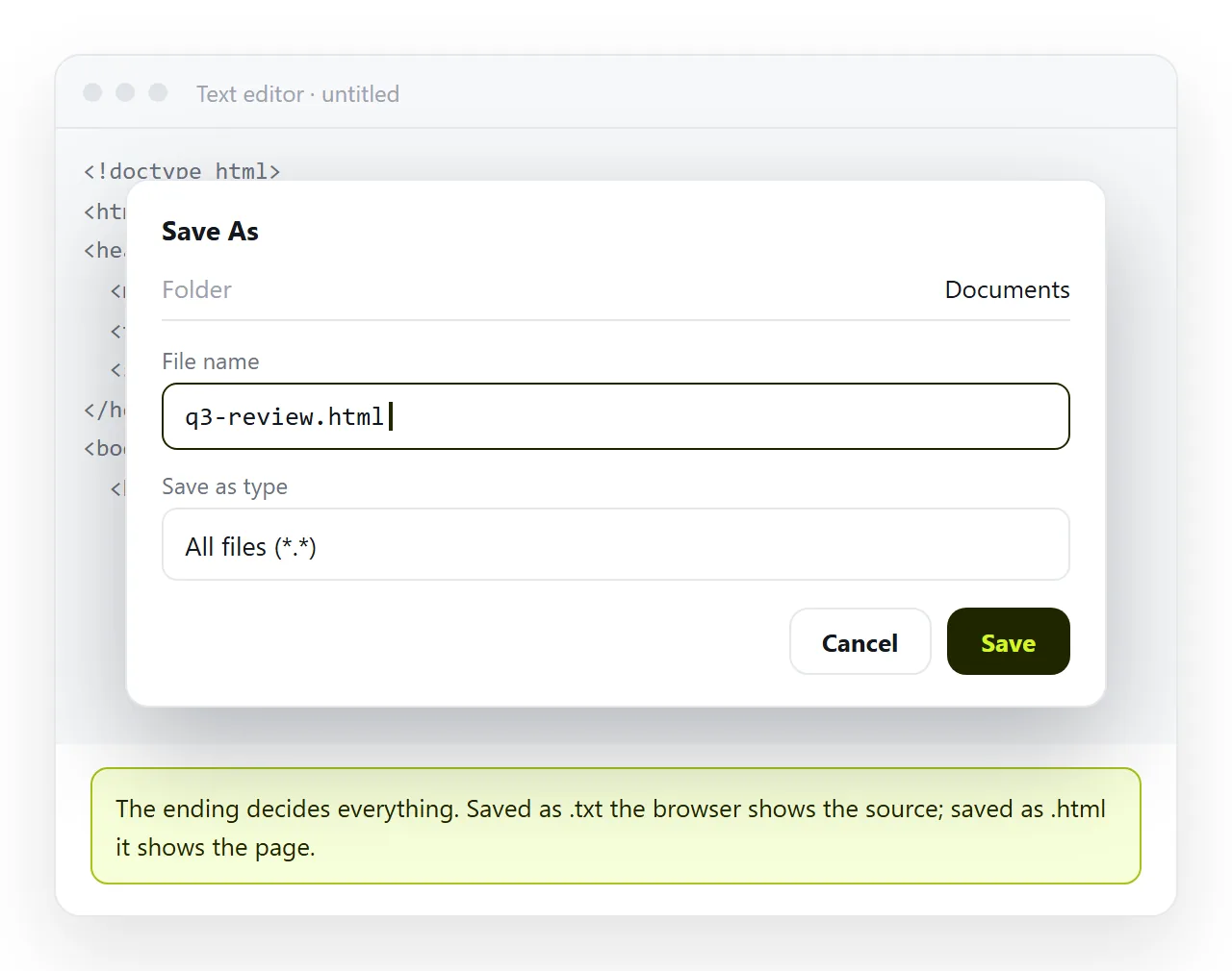 A code block copied into a text editor and saved with an .html ending.