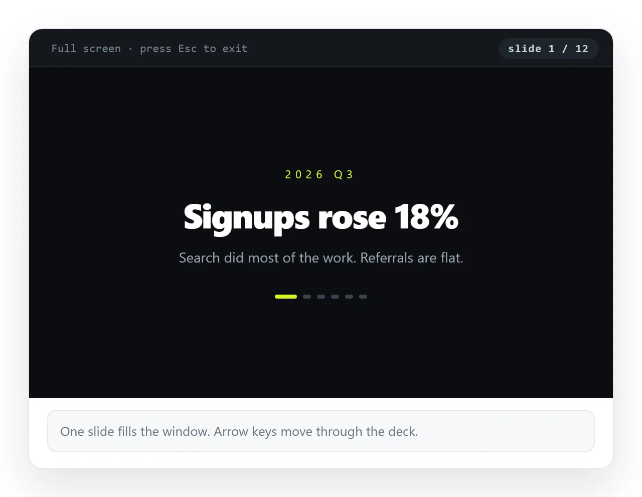 An HTML slide deck open in a browser at full screen, one slide filling the window.