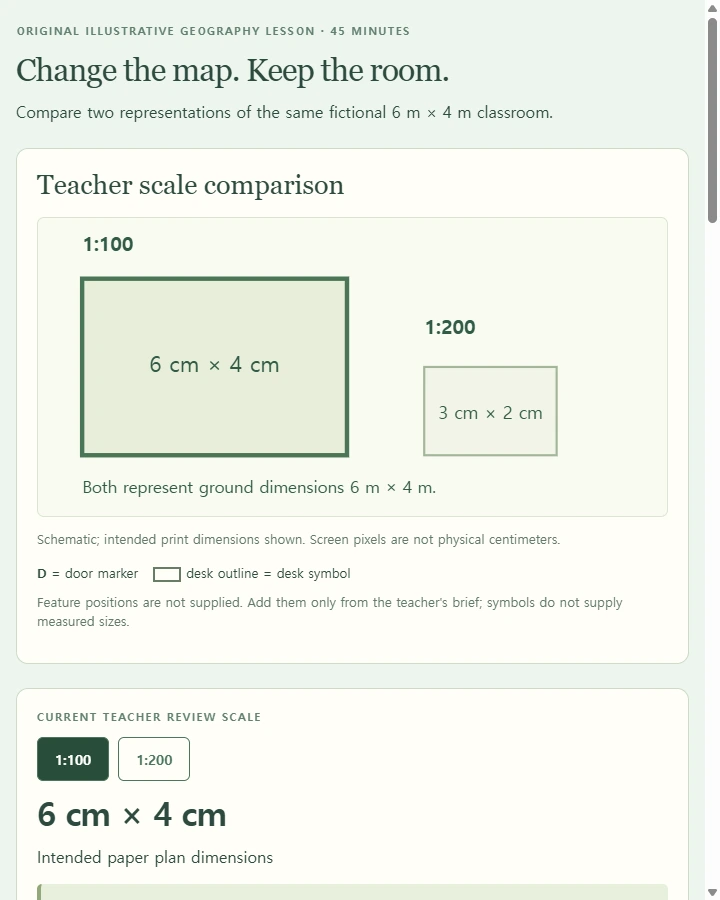 Same room, two scales · geography lesson — Teach learners to distinguish map distance from ground distance, construct a scaled classroom plan and explain why a second scale changes…