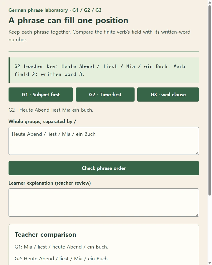 German classroom activities: move whole phrases to explain verb position