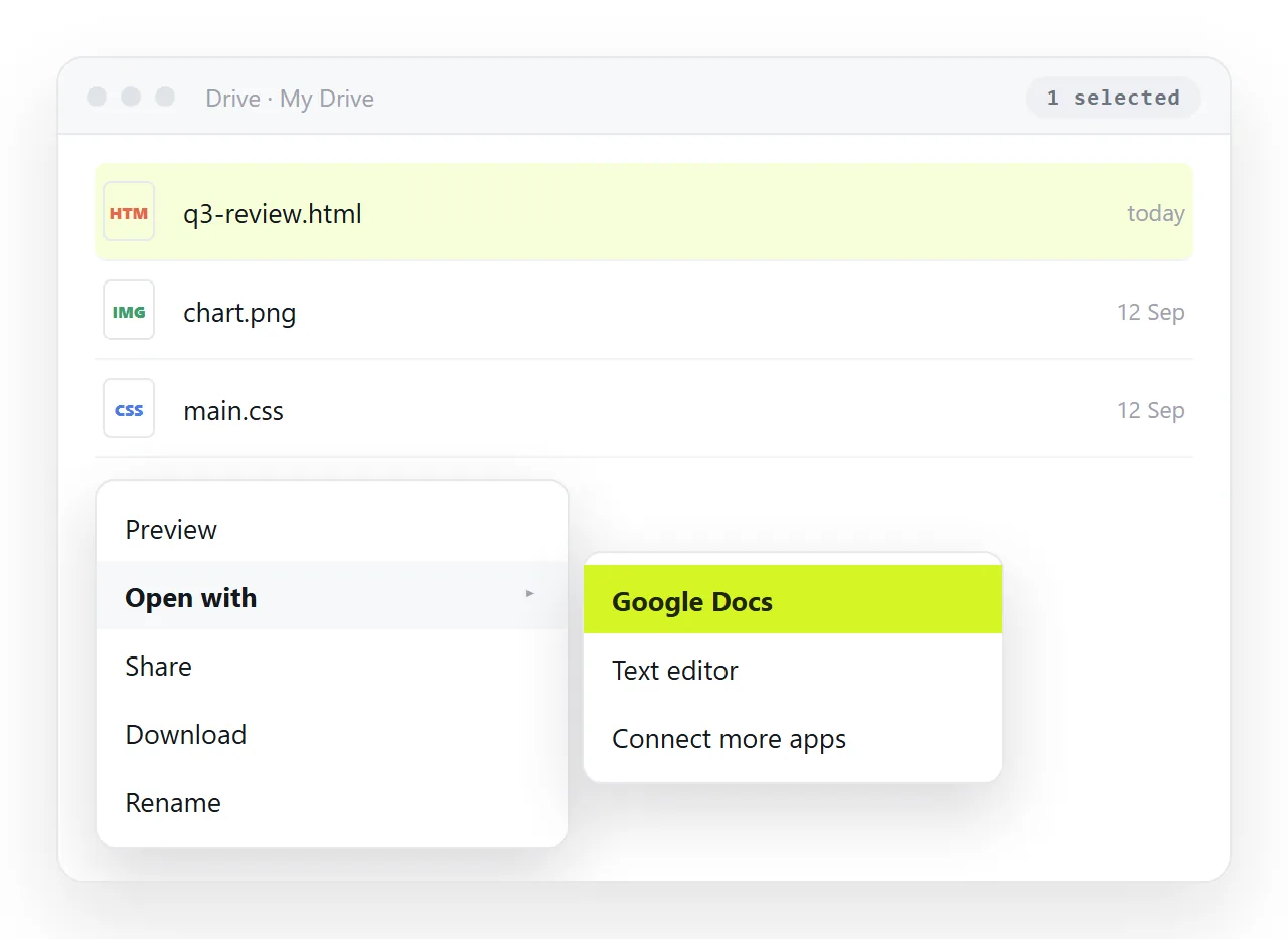 An .html file in Google Drive with the Open with menu showing Google Docs.