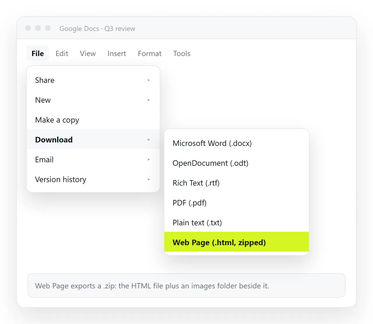 The Google Docs download menu with Web Page (.html, zipped) selected.