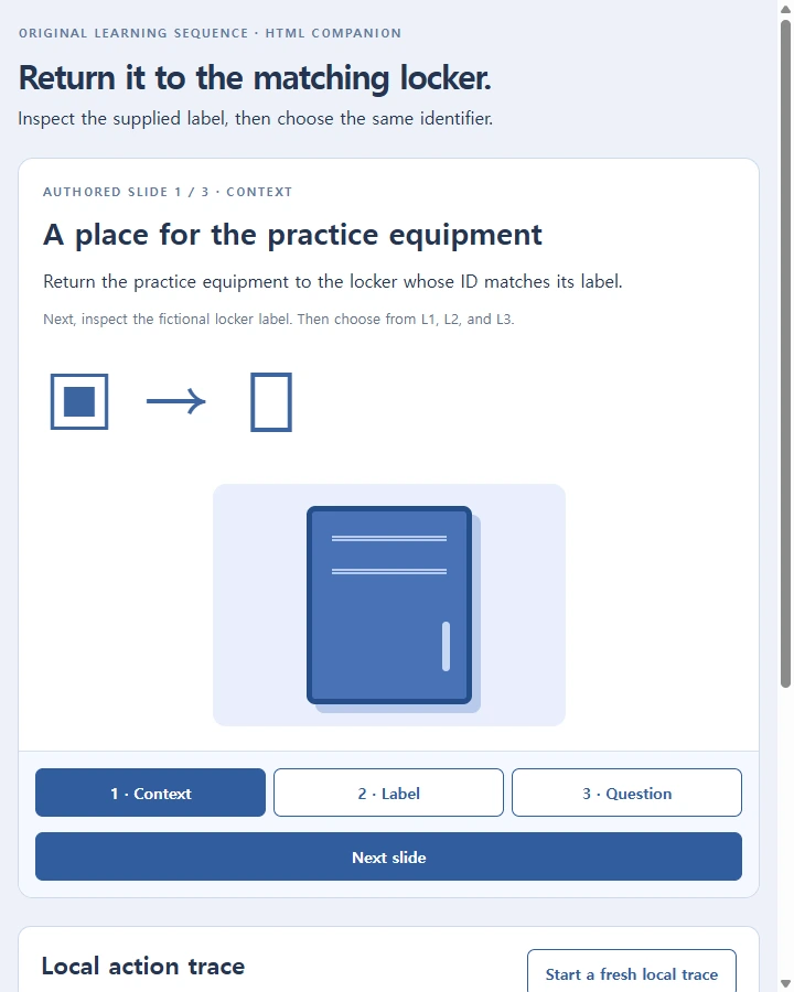 Equipment return · course companion — Build a small slide-based learning module and distinguish slide progress, option interaction, submitted answer and container completion…