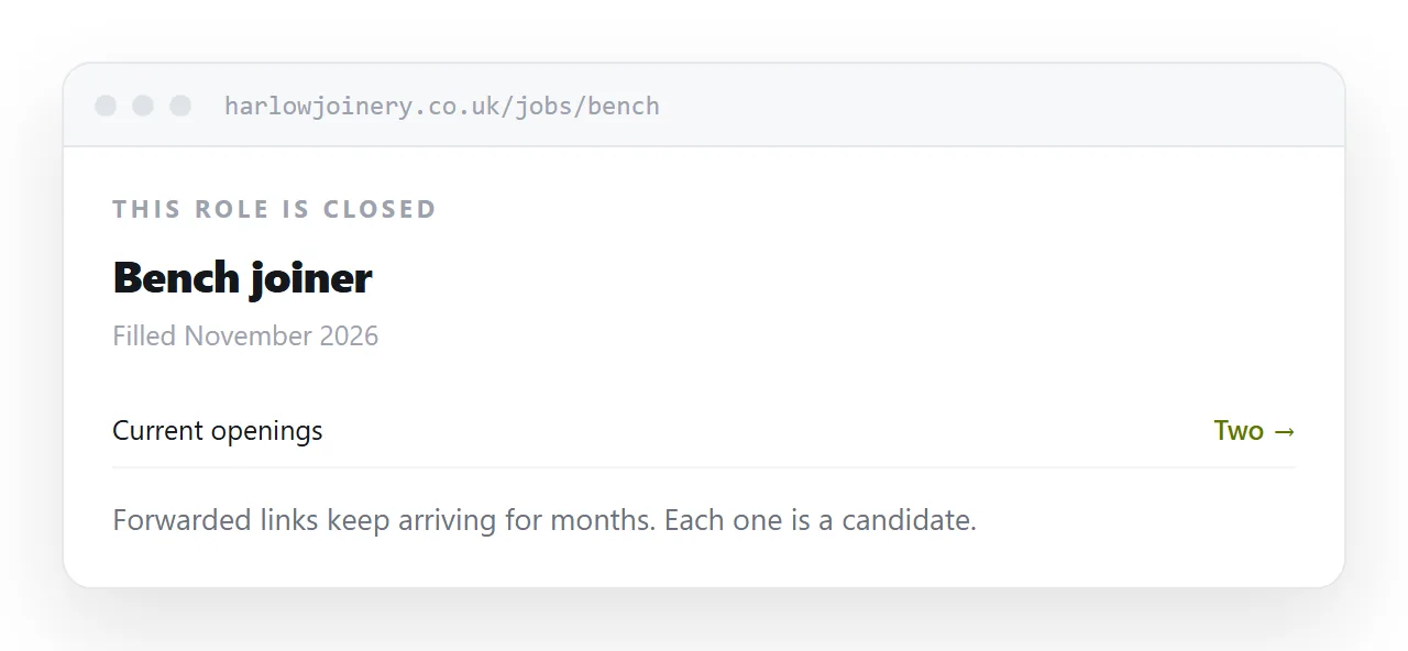 A closed role page linking to current openings.