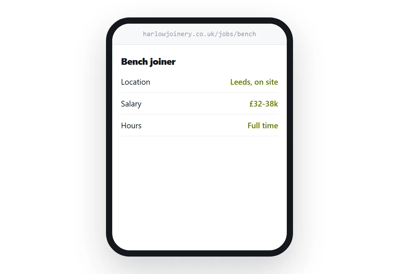 A job page on a phone showing role, location, salary and arrangement without scrolling.