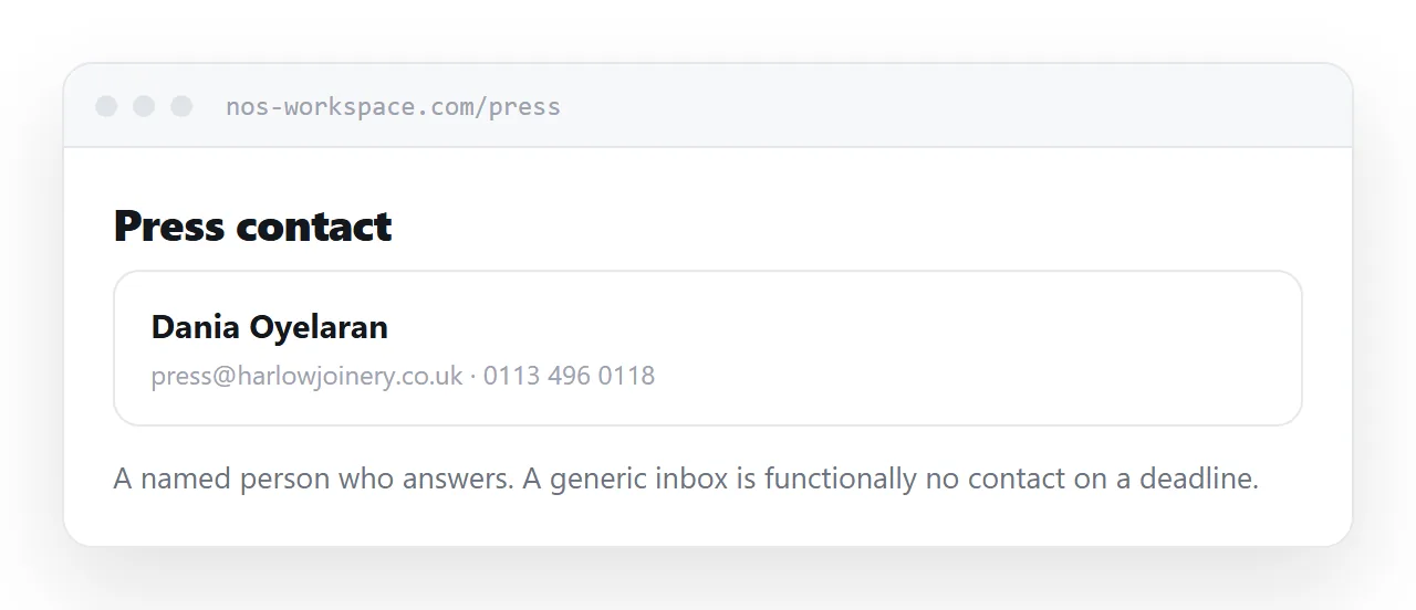 A press contact block with a named person, direct address and phone number.