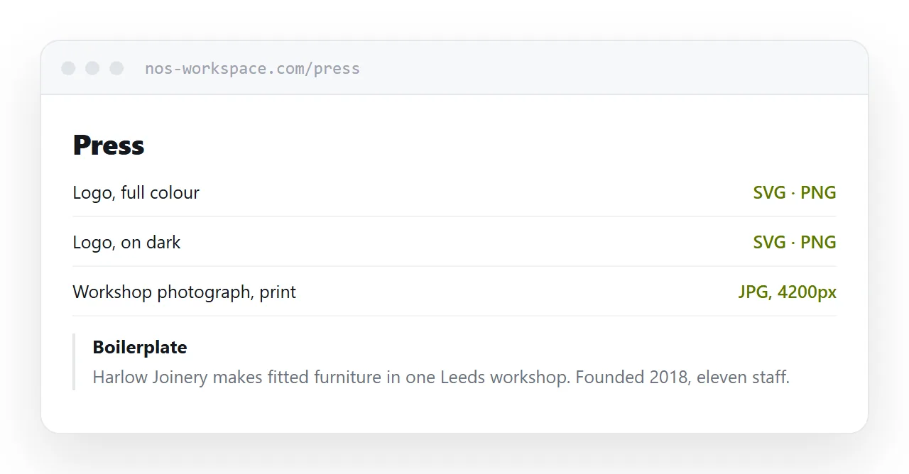 A press kit page with individual logo and photograph downloads and a boilerplate paragraph.