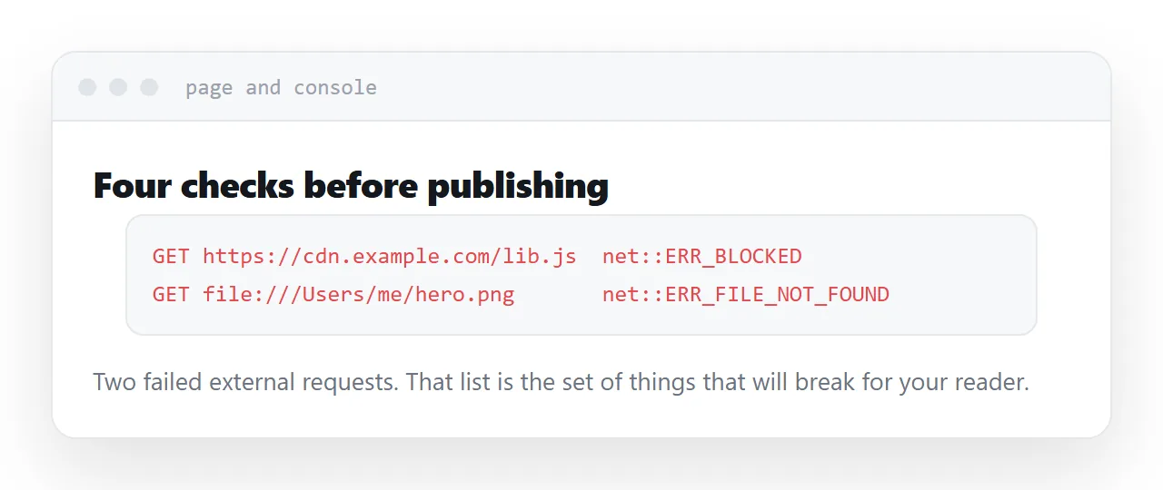A generated page open beside a browser console showing two failed external requests.