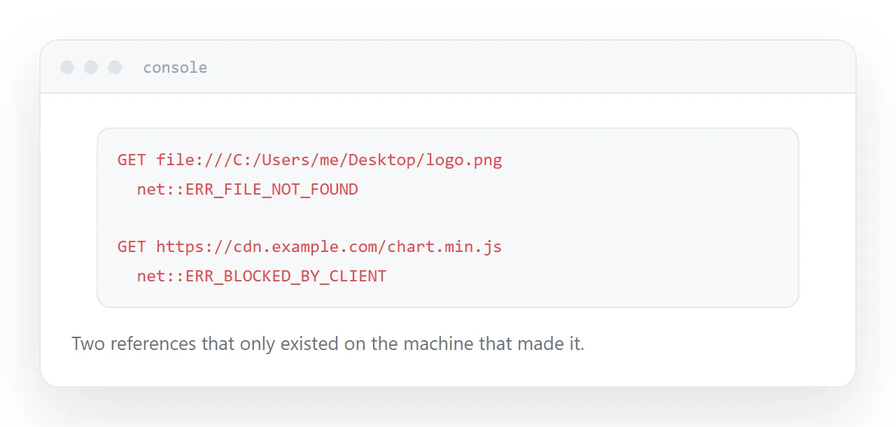 A browser console showing a failed external request on a model-generated page.
