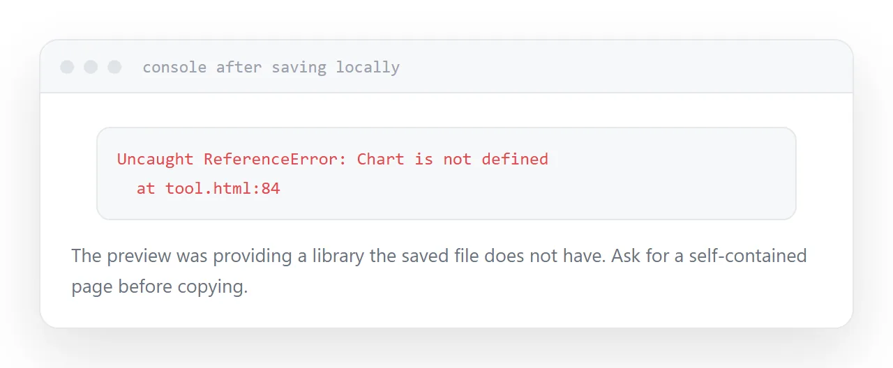 A browser console showing a missing dependency after an artifact was saved locally.