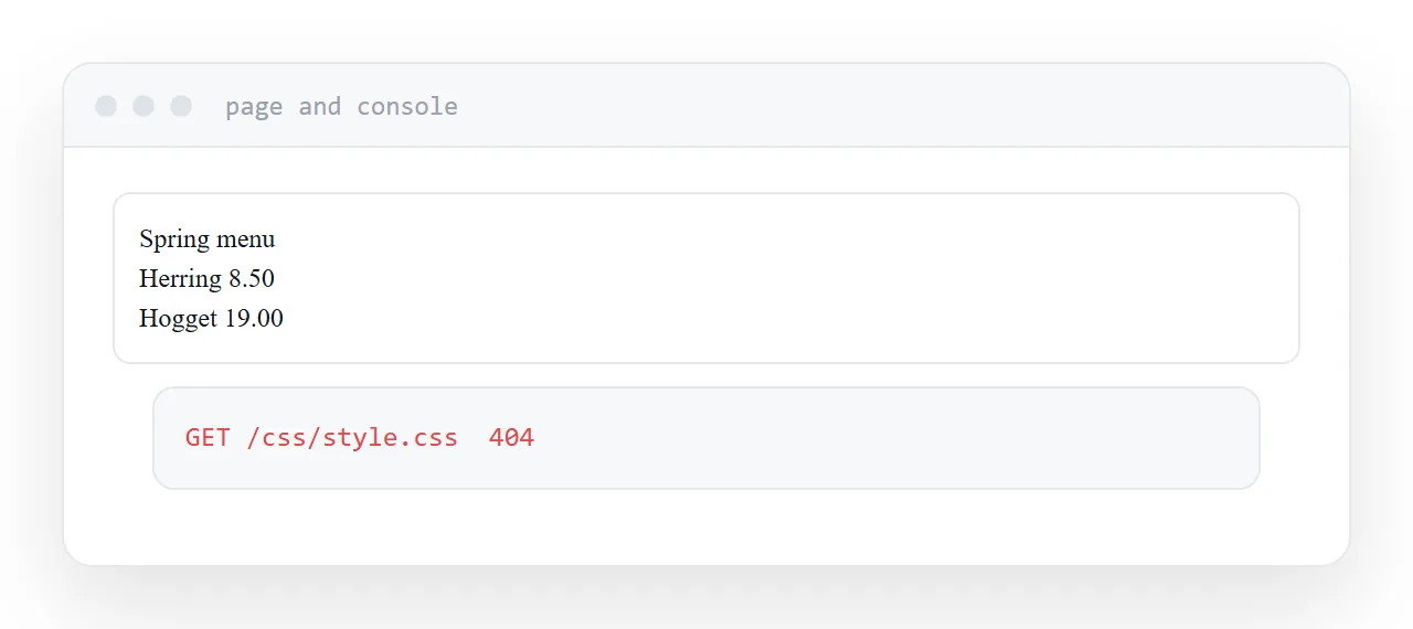 A page rendering without styles, with a failed stylesheet request in the console.