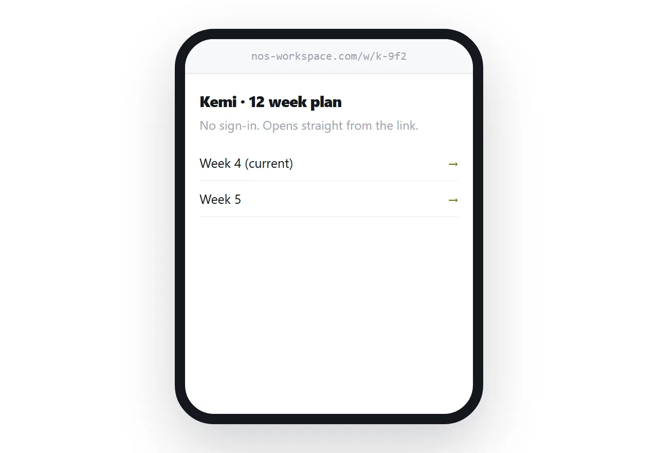 A client plan opening directly from a link with no sign-in screen.