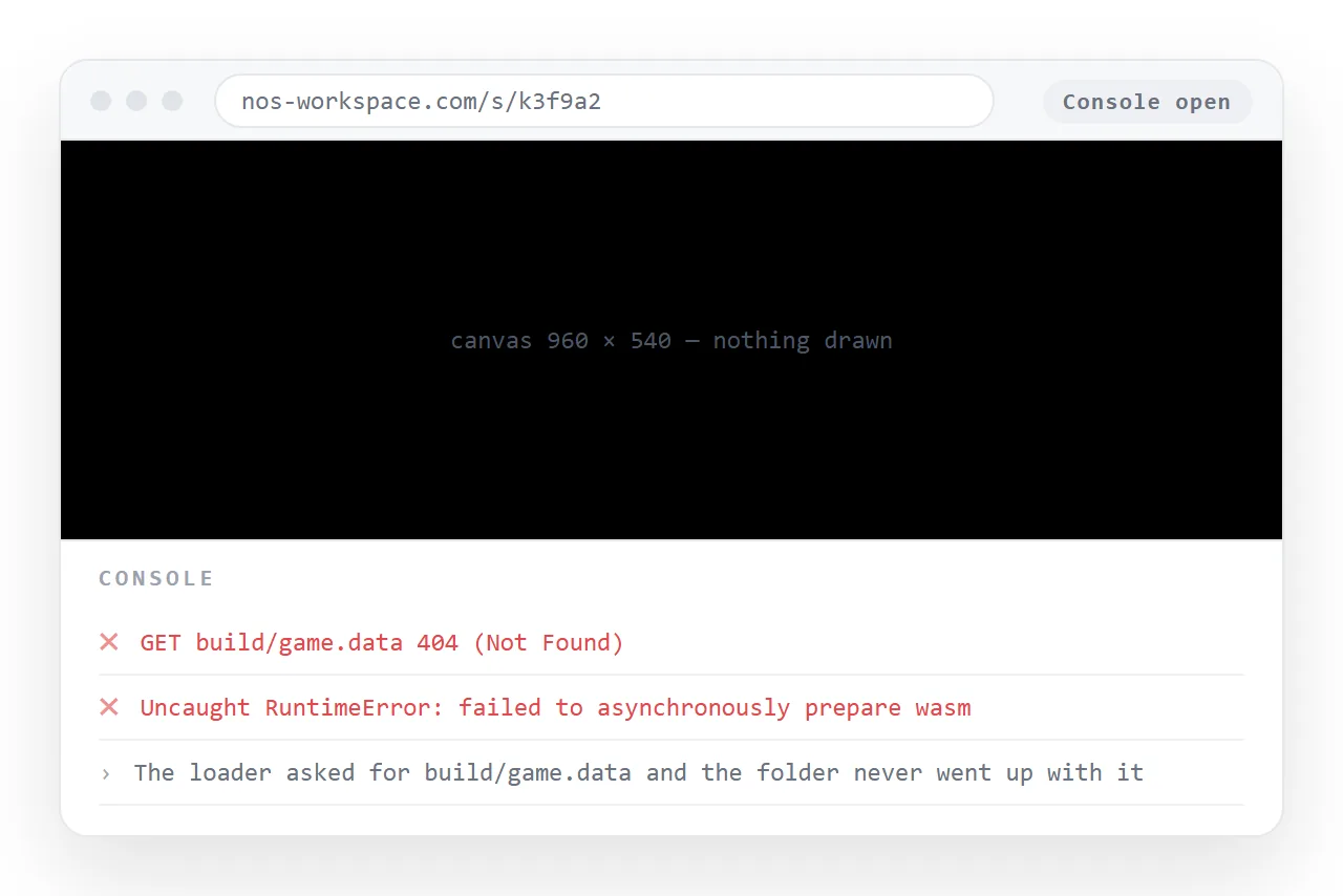 The hosted game showing a blank canvas, with the first console error visible underneath.