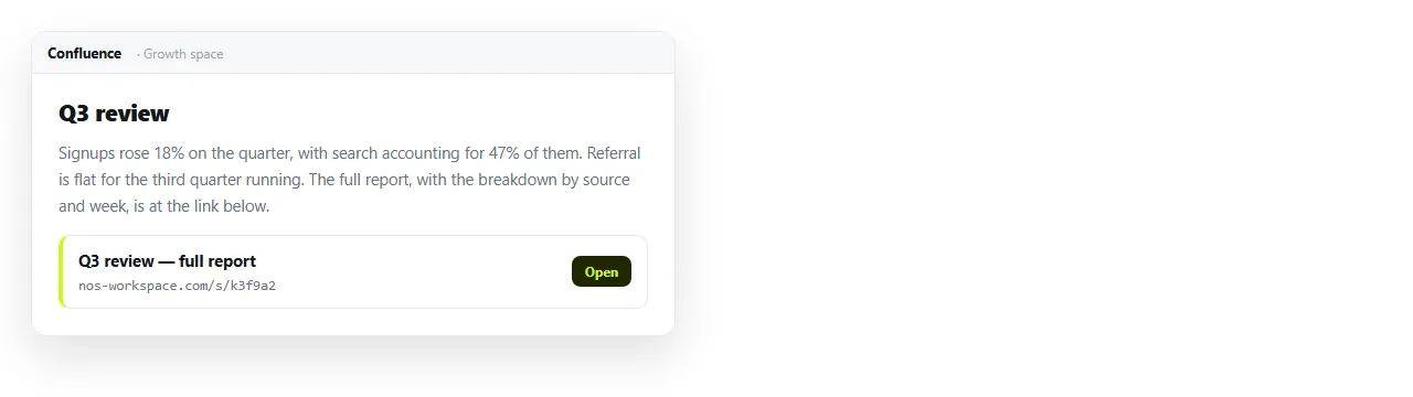 A Confluence page with a short summary and a link out to the rendered report.