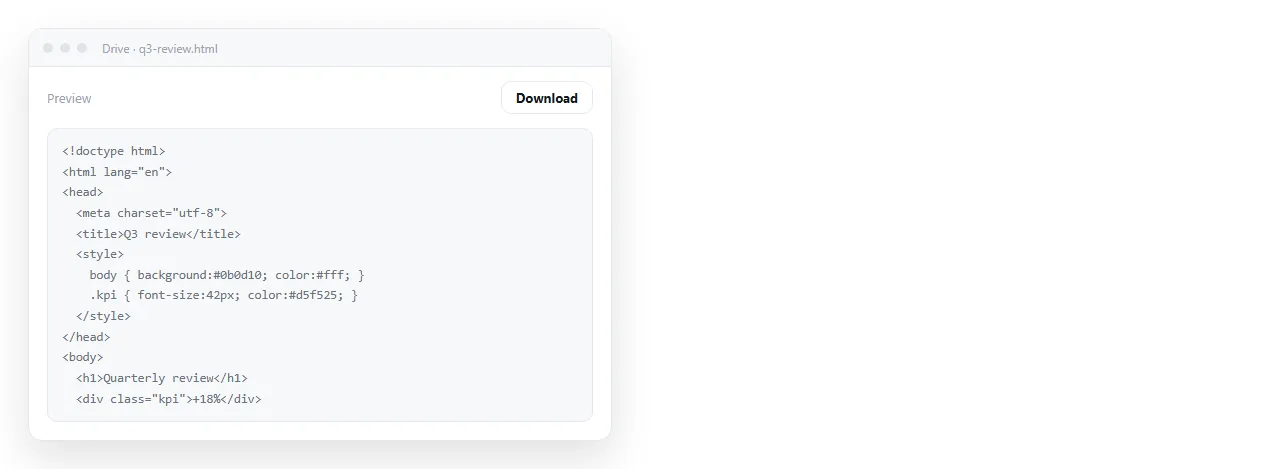 An HTML file opened from a Google Drive share link, showing markup in a preview pane rather than the page.