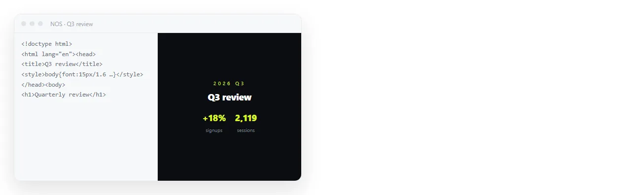 The same HTML pasted into a NOS document, rendering as a page with charts and dark theme intact.